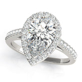 White gold Pear Halo Diamond Ring with Pavé Band and Three-Prong Setting
