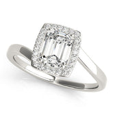 Platinum Radiant Cut Halo Solitaire Ring with Channel Band and Four-Prong Setting