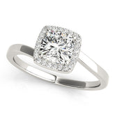 White gold Cushion Halo Solitaire Engagement Ring with Round Diamond and Four-Prong Setting