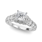White gold Princess Cut Diamond Pavé Band Solitaire with Four-Prong Setting