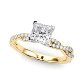 Yellow gold Princess Solitaire Twisted Pave Band with Four-Prong Setting