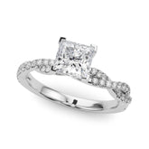 White gold Princess Solitaire Twisted Pave Band with Four-Prong Setting