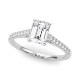 White gold Radiant Cut Solitaire Diamond Ring with Pave Band and Four-Prong Setting