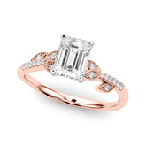 Rose gold Radiant Solitaire Leaf-Inspired Diamond Ring with Pavé Band and Four-Prong Setting