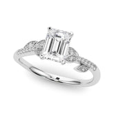 Platinum Radiant Solitaire Leaf-Inspired Diamond Ring with Pavé Band and Four-Prong Setting