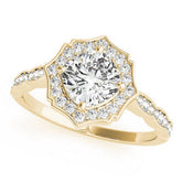 Yellow gold Round Halo Diamond Ring with Milgrain Band and Four-Prong Setting