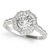 White gold Round Halo Diamond Ring with Milgrain Band and Four-Prong Setting