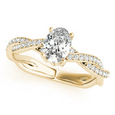 Yellow gold Oval Solitaire Twisted Pave Diamond Ring with Four-Prong Setting