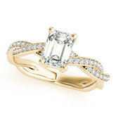 Yellow gold Emerald Cut Twisted Pavé Band Solitaire Ring with Four-Prong Setting