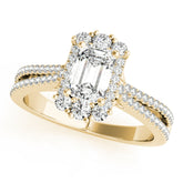 Yellow gold Radiant Cut Halo Split Shank Ring with Prong Setting
