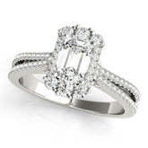 White gold Emerald Cut Halo Split Shank Ring with Prong Setting
