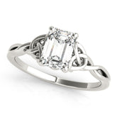 White gold Emerald Cut Solitaire Celtic Knot Ring with Four-Prong Setting