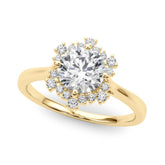 Yellow gold Round Halo Diamond Solitaire with Pavé Band and Four-Prong Setting
