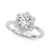 White gold Round Halo Diamond Solitaire with Pavé Band and Four-Prong Setting