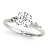 Platinum Round Brilliant Solitaire with Leaf Motif Band and Four-Prong Setting