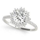 White gold Cushion Cut Halo Diamond Ring with Pave Band and Four-Prong Setting
