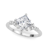 Platinum Princess Cut Diamond Ring with Side Stones on a White Gold Band and Four-Prong Setting