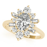 Yellow gold Oval Diamond Cluster Ring with Round and Baguette Stones, Split Shank Band, Prong Setting