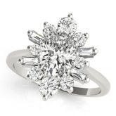 Platinum Oval Diamond Cluster Ring with Round and Baguette Stones, Split Shank Band, Prong Setting
