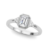 White gold Milgrain Emerald Cut Diamond Ring with Tapered Pave Band and Four Prong Setting