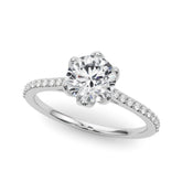Platinum Heart Solitaire Diamond Engagement Ring with Pave Band and Six-Prong Setting