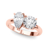 Rose gold Two-Stone Pear and Round Diamond Bypass Ring with Prong Setting