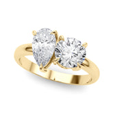 Yellow gold Two-Stone Pear and Round Diamond Bypass Ring with Prong Setting