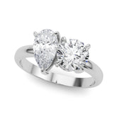 Silver Two-Stone Pear and Round Diamond Bypass Ring with Prong Setting