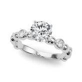 Silver Heart Solitaire Bezel-Set Diamond Ring with Beaded Band and Four-Prong Setting