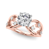 Rose gold Round Cut Solitaire Diamond with Side Stones on Criss-Cross Band and Four-Prong Setting