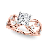 Rose gold Cushion Cut Solitaire Diamond with Side Stones on Criss-Cross Band and Four-Prong Setting