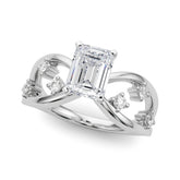 Platinum Emerald Cut Solitaire Diamond with Side Stones on Criss-Cross Band and Four-Prong Setting