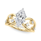 Yellow gold Marquise Cut Solitaire Diamond with Side Stones on Criss-Cross Band and Four-Prong Setting