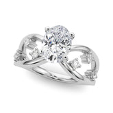 Silver Oval Cut Solitaire Diamond with Side Stones on Criss-Cross Band and Four-Prong Setting