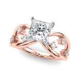Rose gold Princess Cut Solitaire Diamond with Side Stones on Criss-Cross Band and Four-Prong Setting