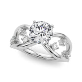 White gold Round Cut Solitaire Diamond with Side Stones on Criss-Cross Band and Four-Prong Setting