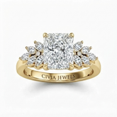 Yellow Gold Radiant Cut Engagement Ring With Marquise Diamond Cluster Side Accents