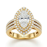 Yellow Gold Marquise Cut Double Halo Engagement Ring With Four Prong Setting And Diamond Pavé Split Band