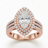 Rose Gold Marquise Cut Double Halo Engagement Ring With Four Prong Setting And Diamond Pavé Split Band