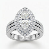 White Gold Marquise Cut Double Halo Engagement Ring With Four Prong Setting And Diamond Pavé Split Band
