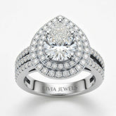 White Gold Pear Cut Double Halo Engagement Ring With Four Prong Setting And Diamond Pavé Split Band