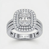 White Gold Radiant Cut Double Halo Engagement Ring With Four Prong Setting And Diamond Pavé Split Band