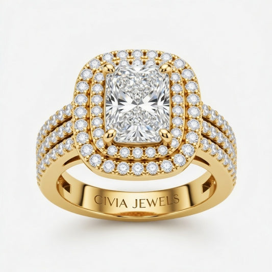 Yellow Gold Radiant Cut Double Halo Engagement Ring With Four Prong Setting And Diamond Pavé Split Band