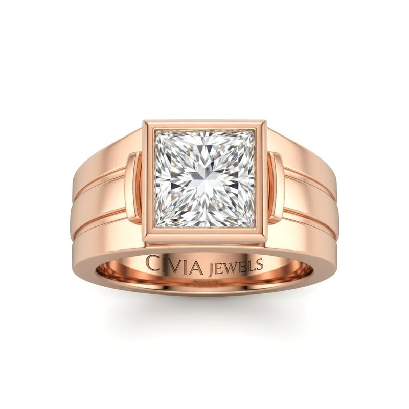 Rose Gold Princess Cut Bezel Set Solitaire Engagement Ring with Smooth Band