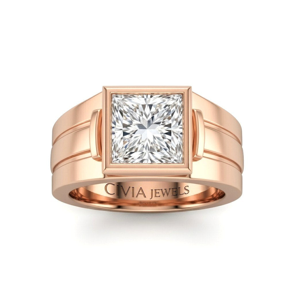 Rose Gold Princess Cut Bezel Set Solitaire Engagement Ring with Smooth Band