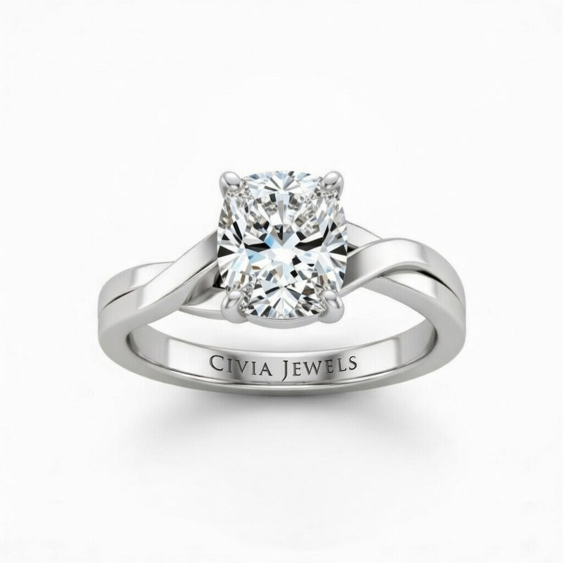 White Gold Cushion Brilliant Solitaire Engagement Ring With Elegant Split Twist Shank