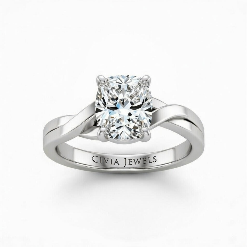 Silver Cushion Brilliant Solitaire Engagement Ring With Elegant Split Twist Shank