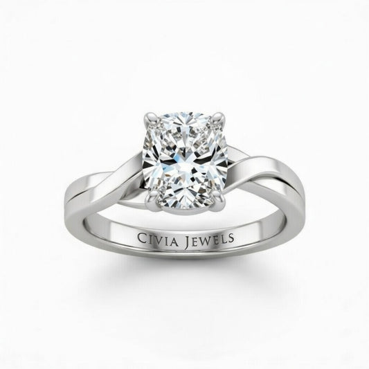 Silver Cushion Brilliant Solitaire Engagement Ring With Elegant Split Twist Shank