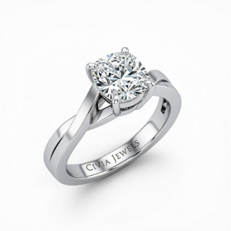 Silver Cushion Brilliant Solitaire Engagement Ring With Elegant Split Twist Shank