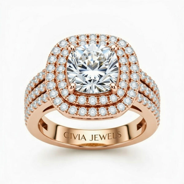 Rose Gold Cushion Cut Double Halo Engagement Ring With Four Prong Setting And Diamond Pavé Split Band